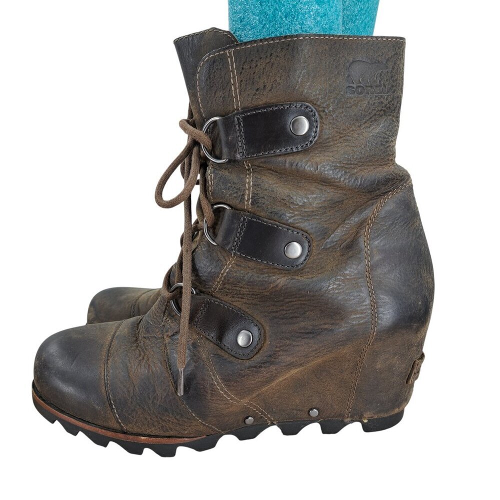 Sorel Joan of Arctic Brown Leather Internal Wedge Boots Size 9 Distressed - Picture 5 of 16